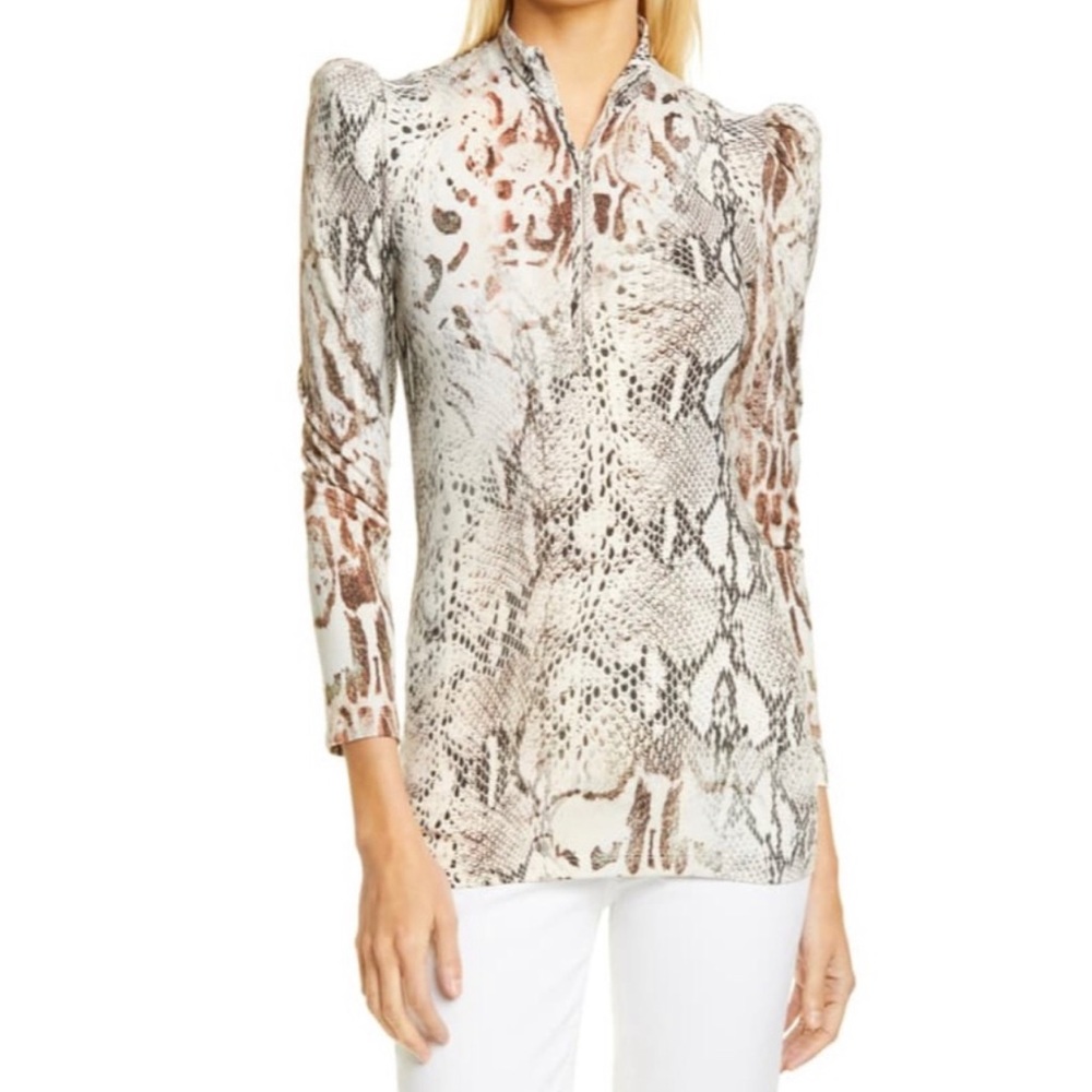 Sophisticated Smythe reptile print blouse with puff shoulder and zipper detail